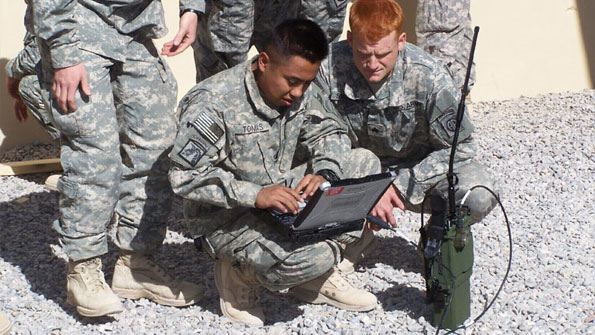 Photo of U.S Army soldiers testing a Harris PRC-117G software-defined radio.